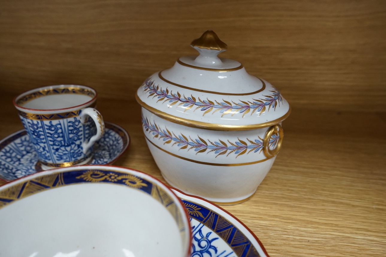 A group of late 18th/early 19th century Worcester Royal Lily tea wares, including a teapot, milk jug, lidded bowl, two plates, three cups and saucers, etc. Condition - fair.